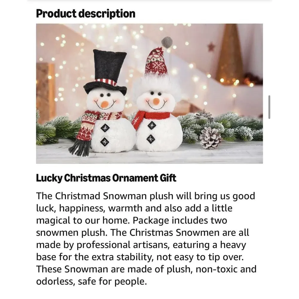 Pair Of Plush Snowmen Christmas Decor Weighted Base New